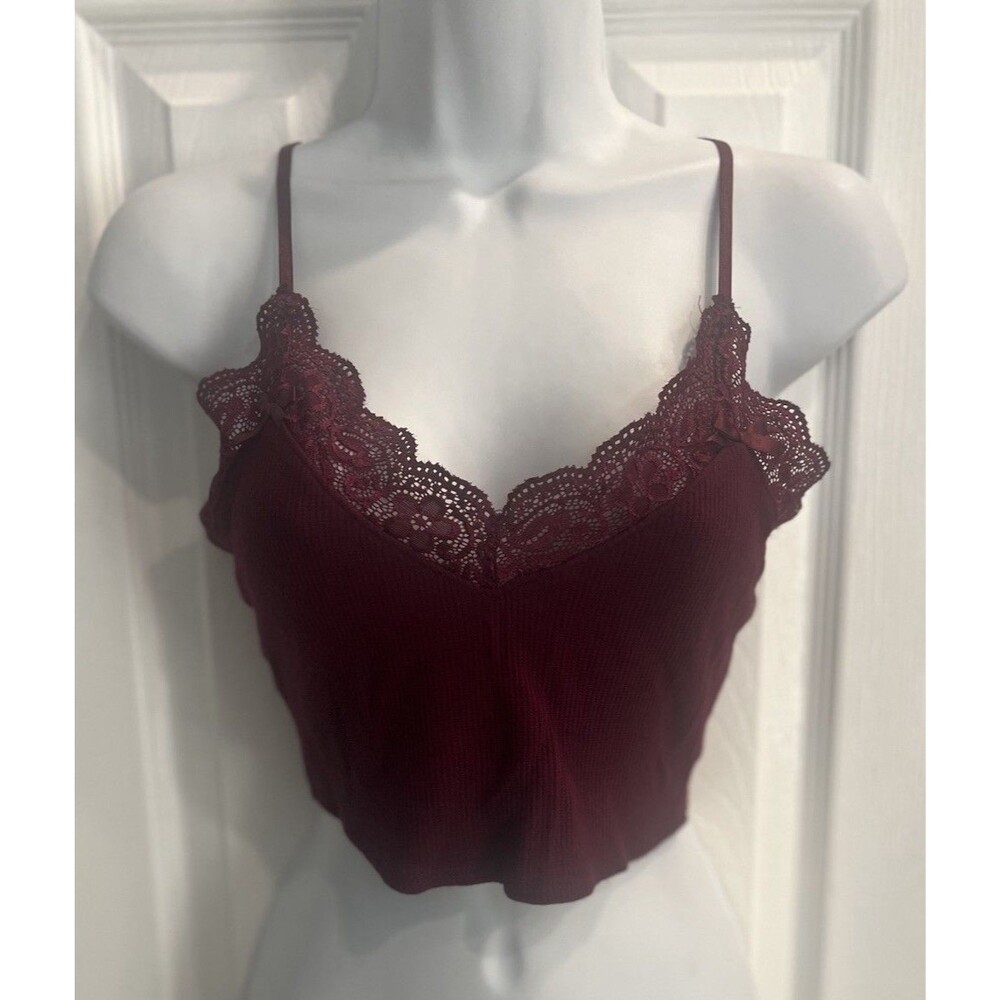 Bozzolo Crop Tank Top Womens Small Maroon Lace Trim Camisole Ribbed Bows Y2K